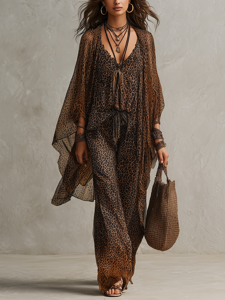 Robe fluide à imprimé léopard dégradé bohème en trois pièces