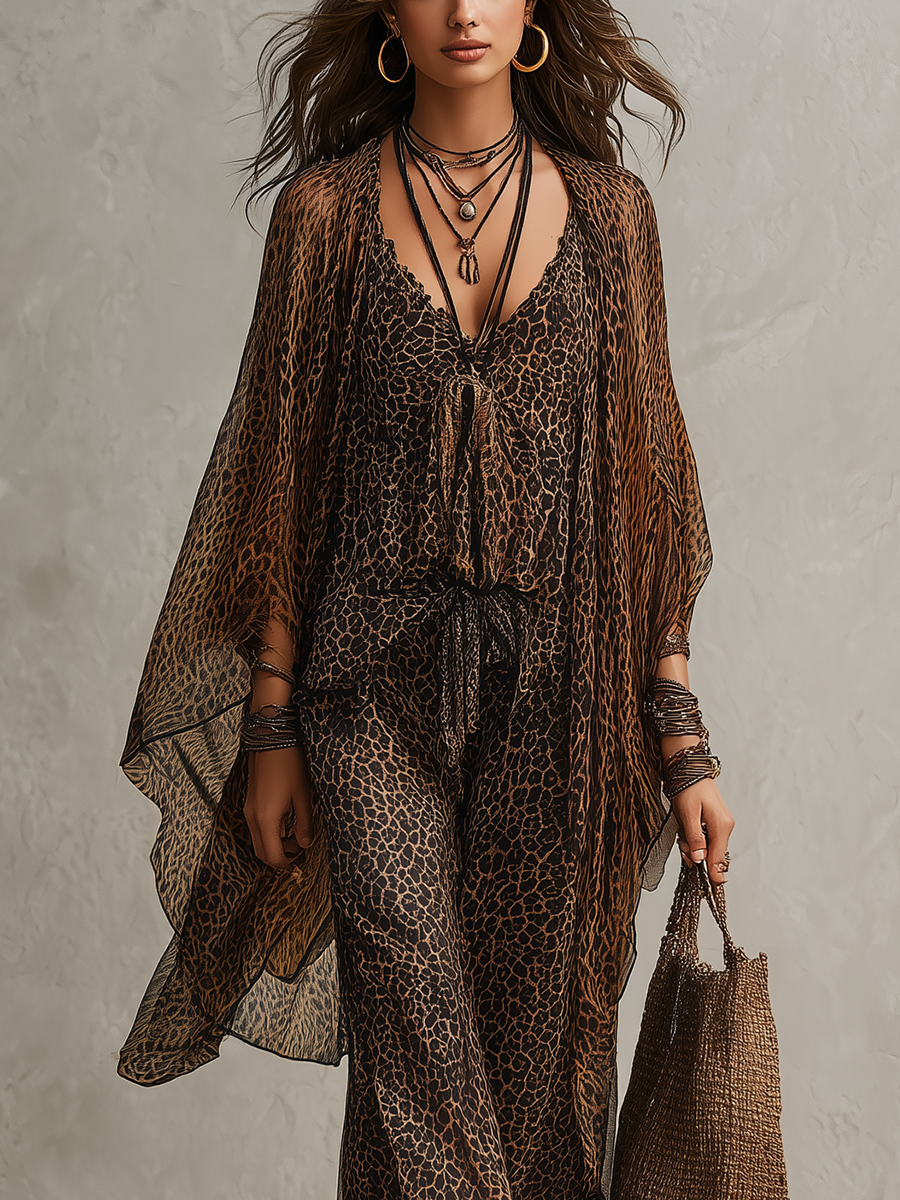 Robe fluide à imprimé léopard dégradé bohème en trois pièces