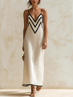 Simona - Abito lungo in lino stile slip con bordi a contrasto a motivo chevron