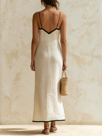 Simona | Abito lungo in lino stile slip con bordi a contrasto a motivo chevron