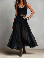 Penelope | Abito Maxi Boho Western Nero con Gonna in Tulle