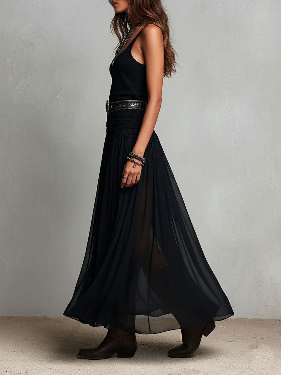Penelope | Abito Maxi Boho Western Nero con Gonna in Tulle