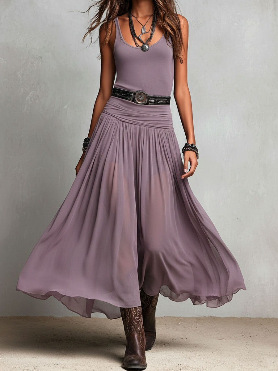 Penelope | Abito Maxi Boho Western Nero con Gonna in Tulle