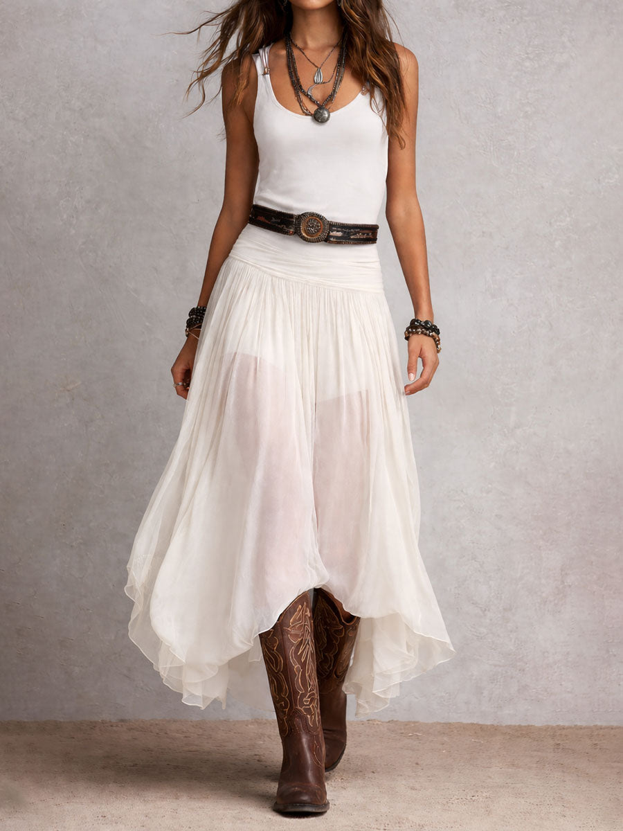Penelope | Abito Maxi Boho Western Nero con Gonna in Tulle