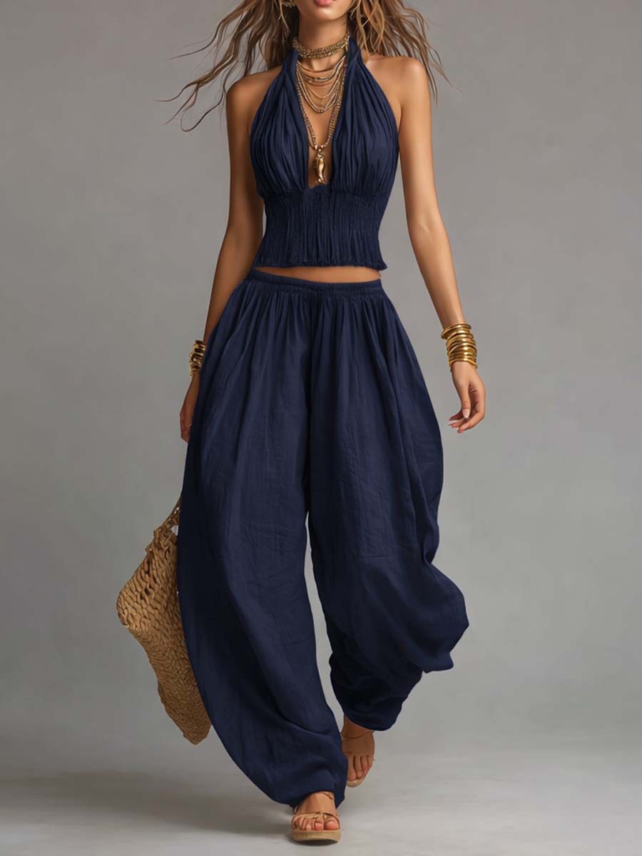 Mia | Coordinato Bohémien in Cotone e Lino: Top Halter e Pantaloni Harem