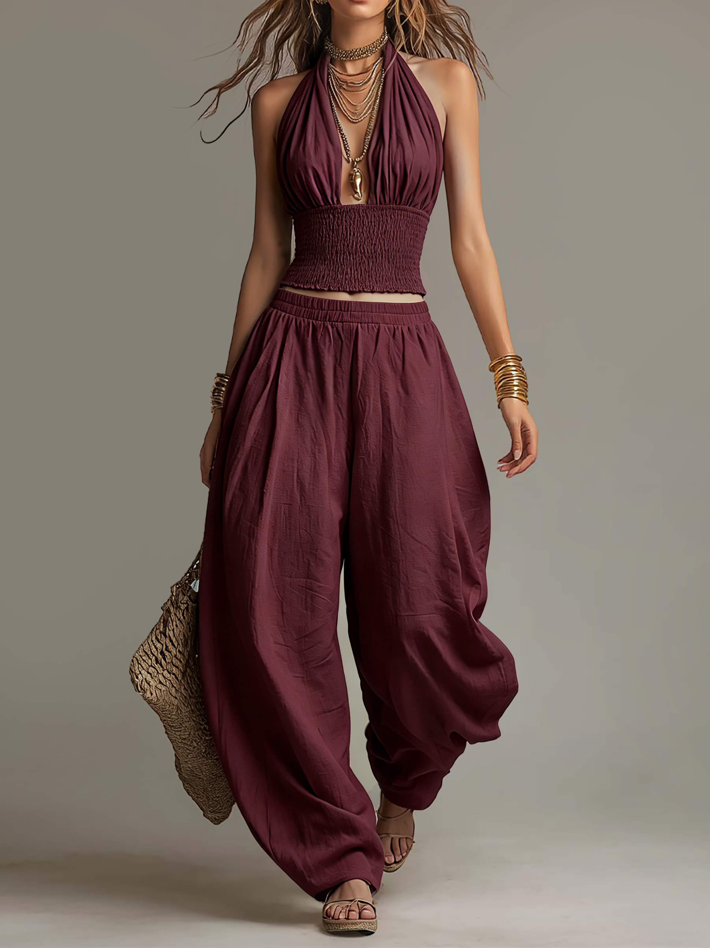 Mia | Coordinato Bohémien in Cotone e Lino: Top Halter e Pantaloni Harem
