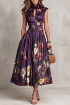 Benedetta | Abito Midi in Satin Floreale Nero con Collo a Chiave e Pieghe