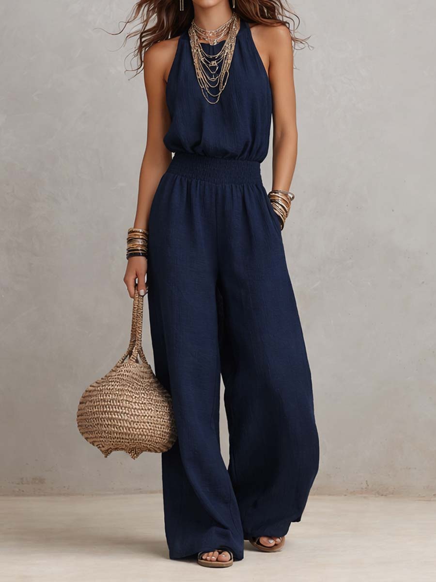 Sole | Tuta in Cotone e Lino con Scollo Halter e Gambe Larghe