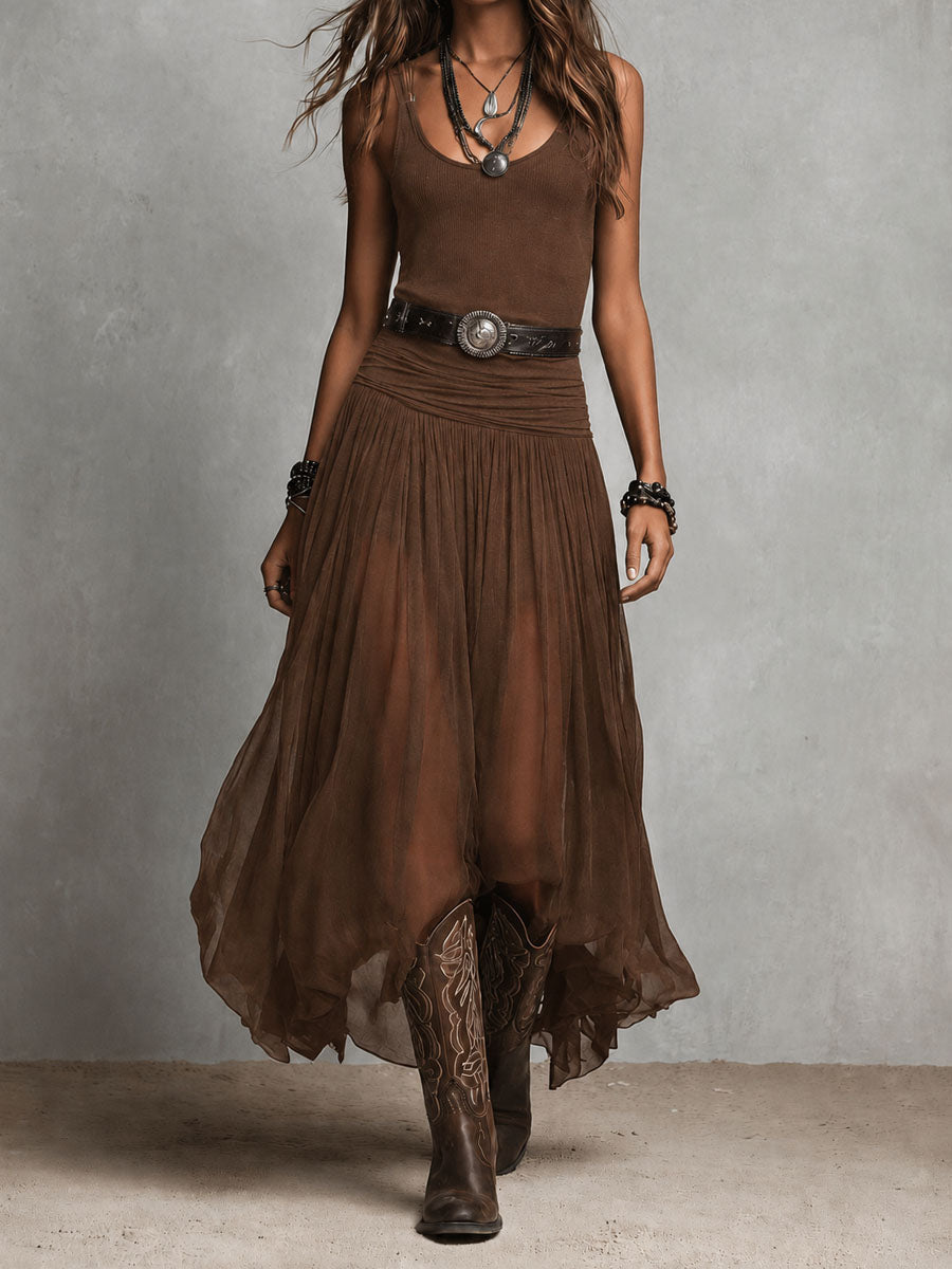 Penelope | Abito Maxi Boho Western Nero con Gonna in Tulle