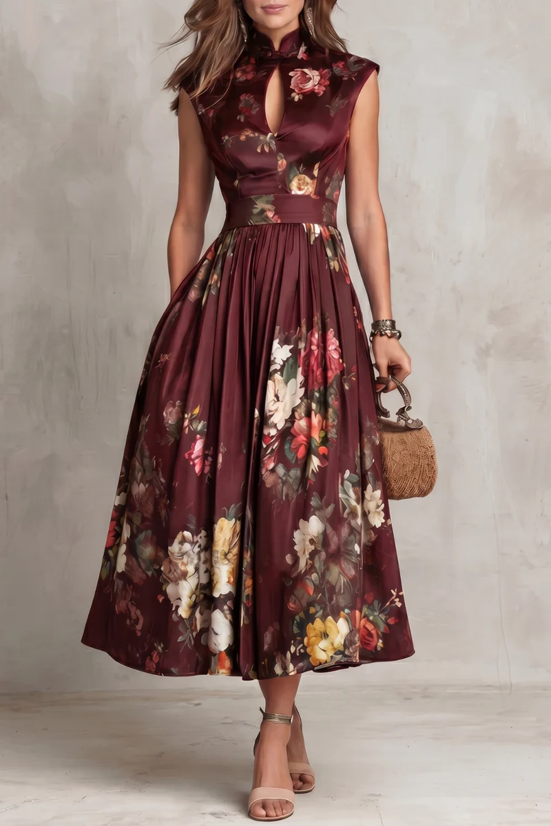 Abito Midi in Satin Pieghettato con Collo a Fessura Nera