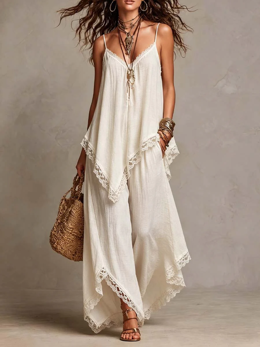 Nicoletta - Set Canotta e Pantaloni in Pizzo Bianco