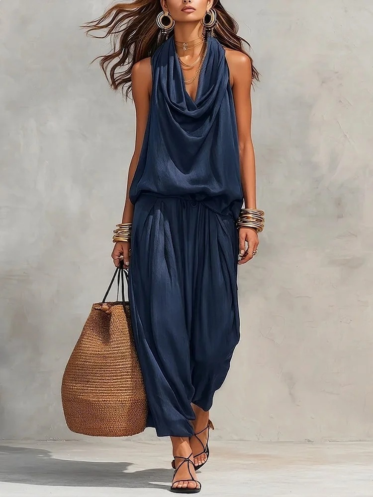 Ensemble Haut Sans Manches à Col Halter et Pantalons Plissés