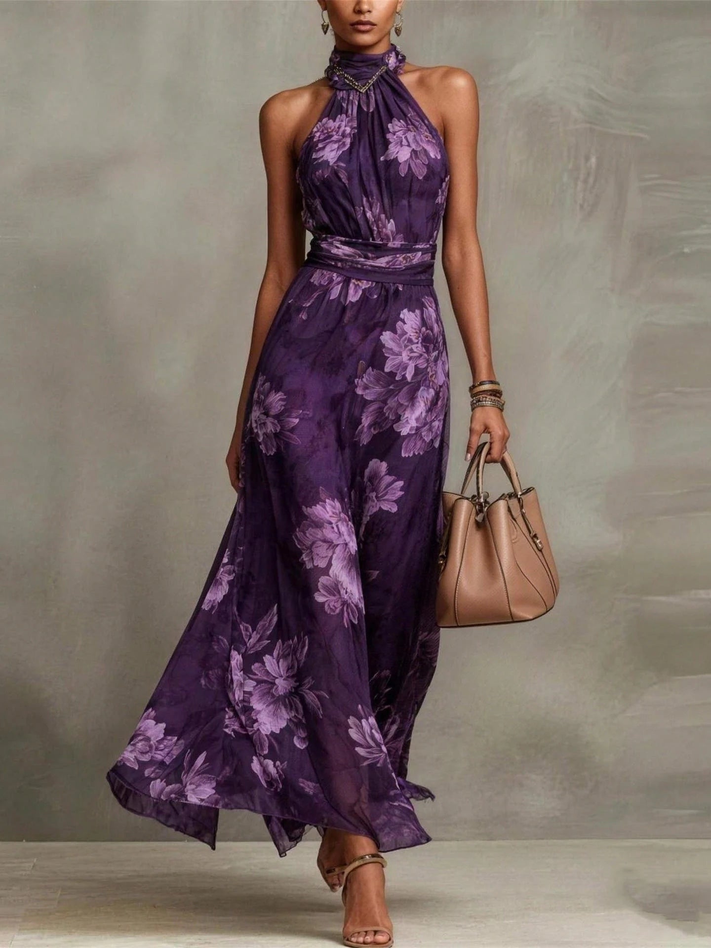 Abito Maxi Halter in Chiffon Verde a Fiori
