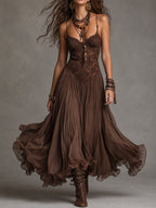 Filomena - Abito Maxi in Chiffon con Pannelli in Pizzo Marrone Scuro