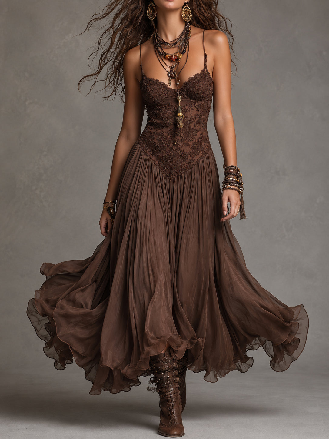 Filomena - Abito Maxi in Chiffon con Pannelli in Pizzo Marrone Scuro