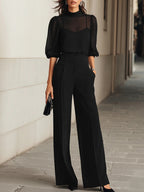 Ensemble de trois pièces : Top en chiffon noir transparent et pantalons à jambes larges