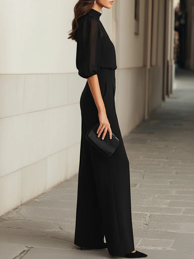 Ensemble de trois pièces : Top en chiffon noir transparent et pantalons à jambes larges