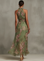 Abito Maxi Halter in Chiffon Verde a Fiori