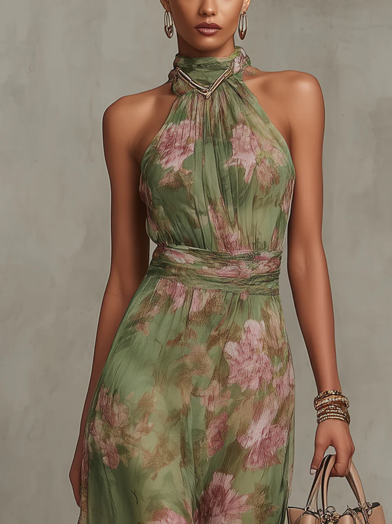 Serena | Abito Lungo Verde a Fiori in Chiffon con Scollo all'Americana