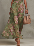 Serena | Abito Lungo Verde a Fiori in Chiffon con Scollo all'Americana