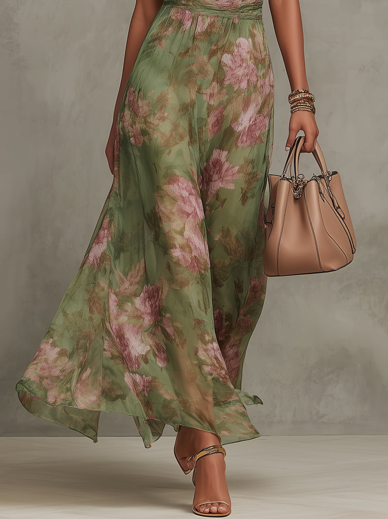 Serena | Abito Lungo Verde a Fiori in Chiffon con Scollo all'Americana