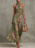 Serena | Abito Lungo Verde a Fiori in Chiffon con Scollo all'Americana