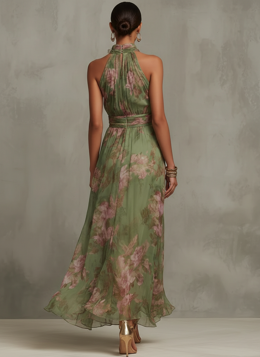 Serena | Abito Lungo Verde a Fiori in Chiffon con Scollo all'Americana