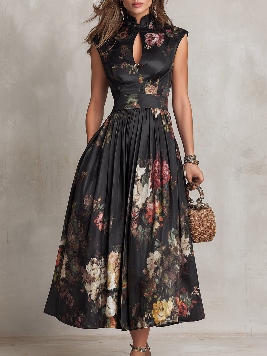 Benedetta | Abito Midi in Satin Floreale Nero con Collo a Chiave e Pieghe
