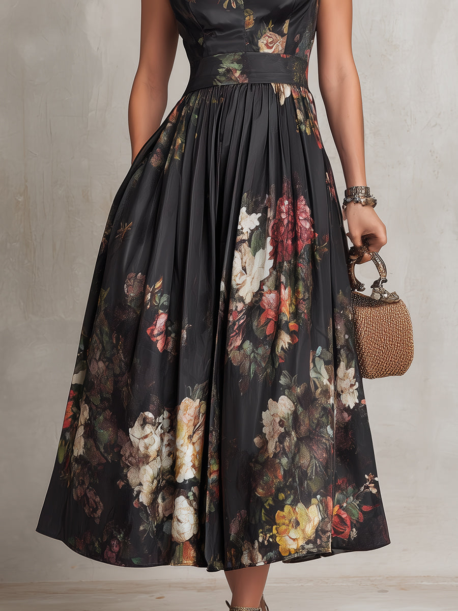 Abito Midi in Satin Pieghettato con Collo a Fessura Nera