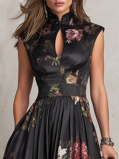 Abito Midi in Satin Pieghettato con Collo a Fessura Nera