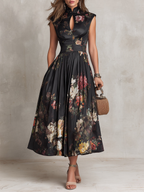 Martina | Abito Midi in Satin Plissettato con Collo a Fessura Nero