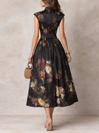 Martina | Abito Midi in Satin Plissettato con Collo a Fessura Nero
