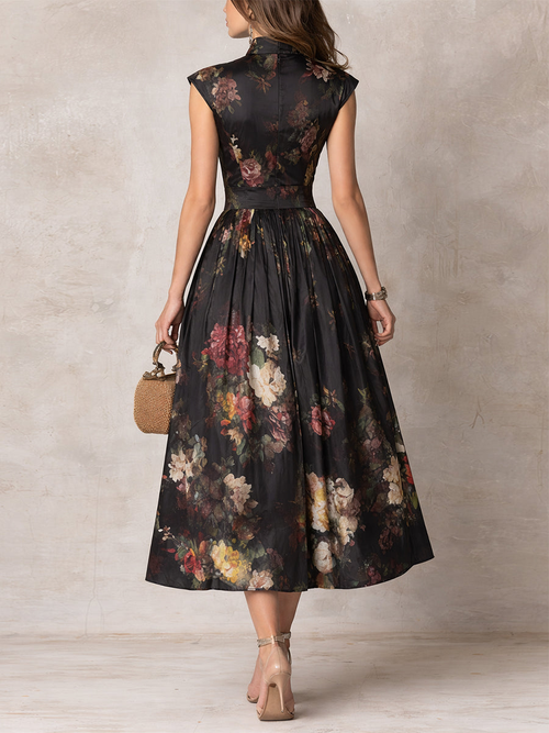 Benedetta | Abito Midi in Satin Floreale Nero con Collo a Chiave e Pieghe