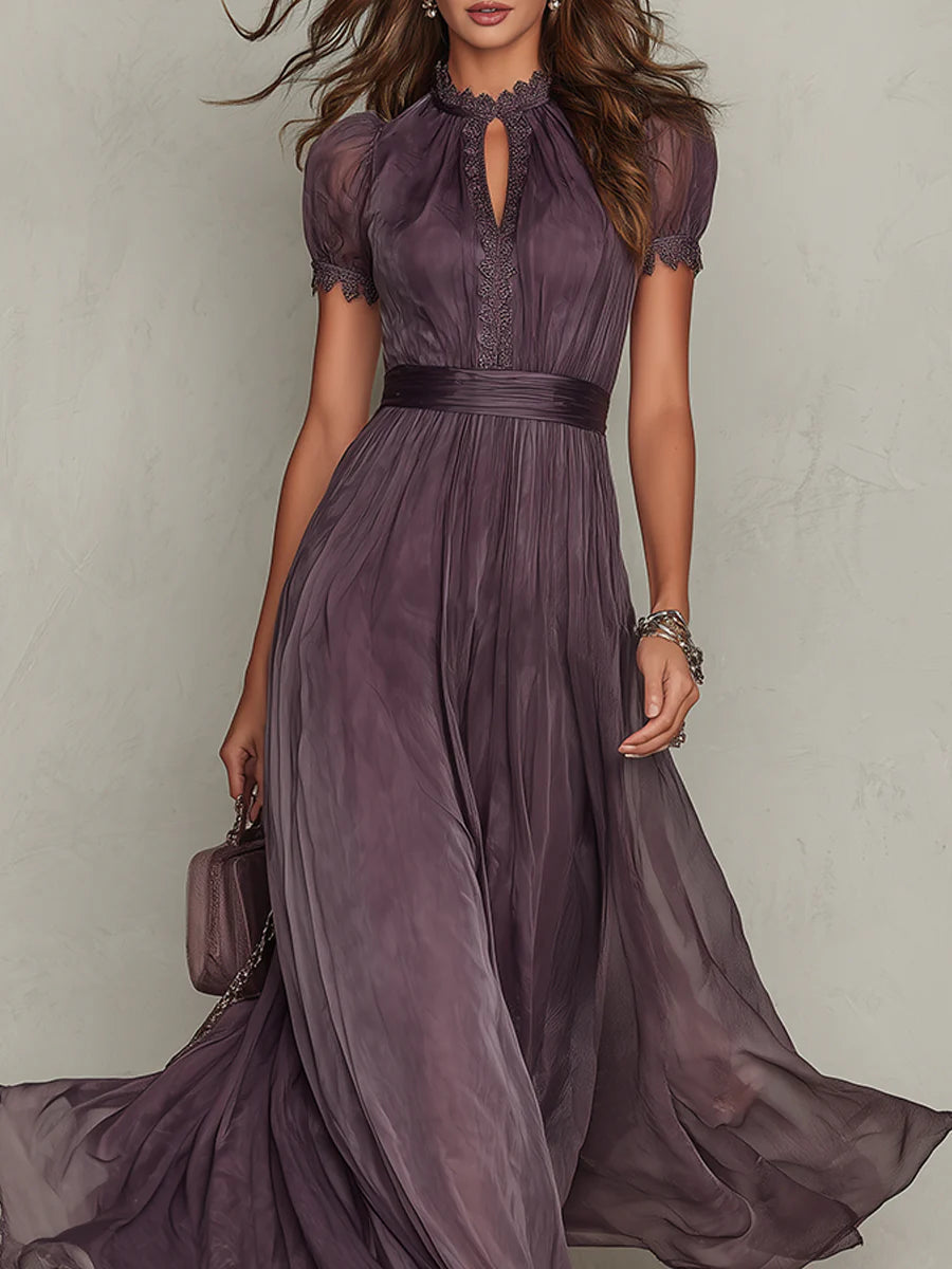 Diana | Abito Maxi in Chiffon Viola con Collo a Chiave e Pizzo