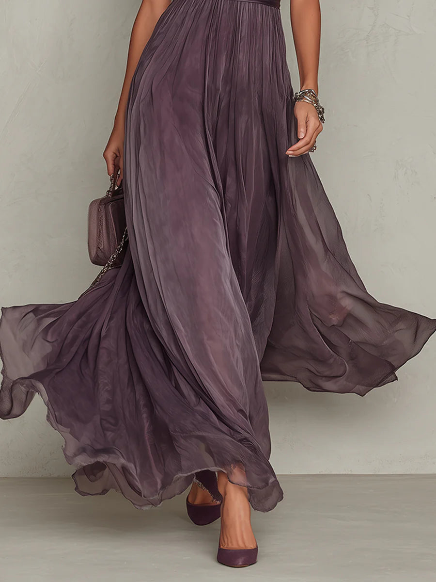 Diana | Abito Maxi in Chiffon Viola con Collo a Chiave e Pizzo