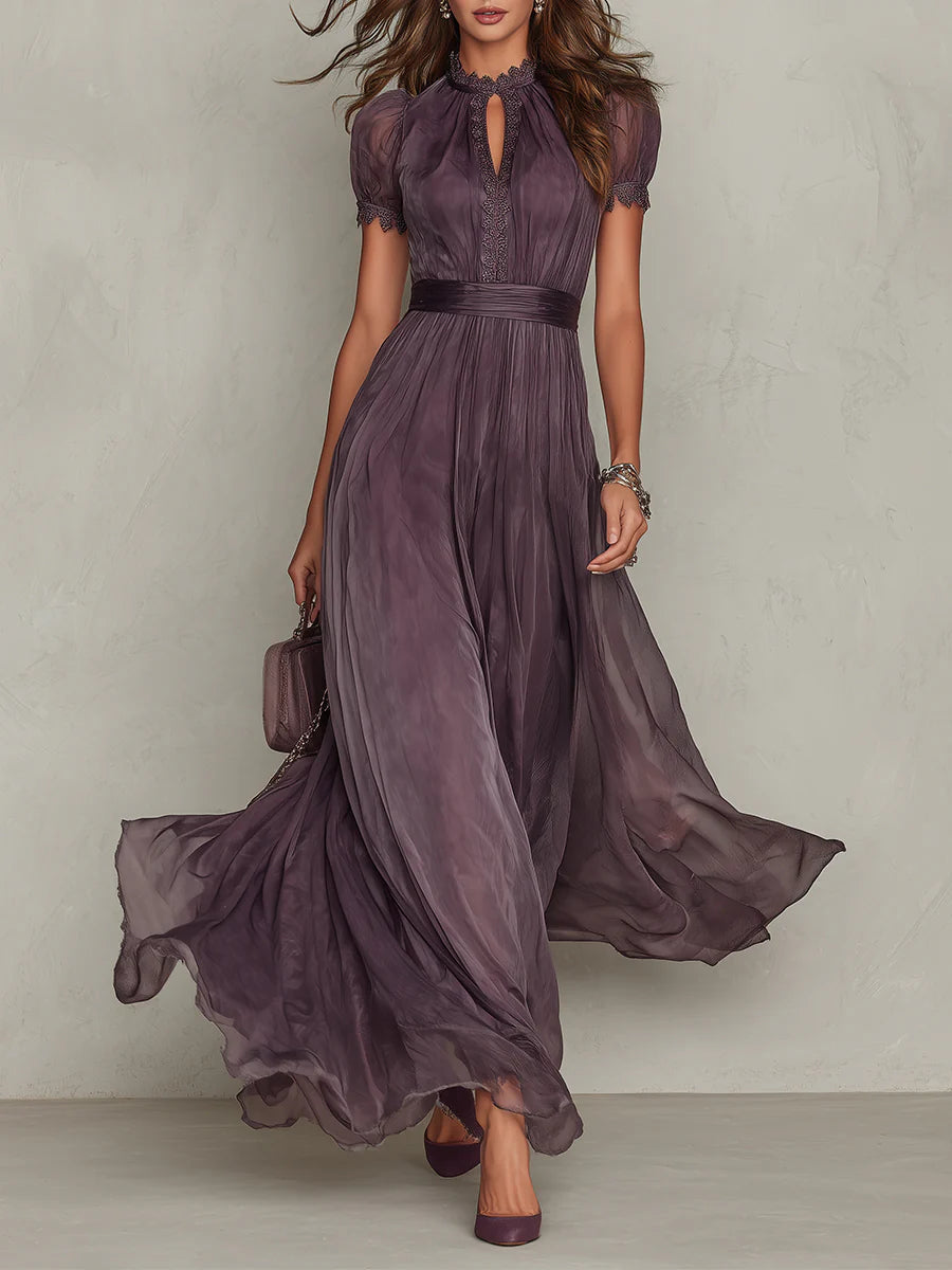 Diana | Abito Maxi in Chiffon Viola con Collo a Chiave e Pizzo