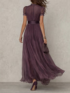 Flavia | Abito Lungo Viola con Scollo a Goccia e Bordo in Pizzo