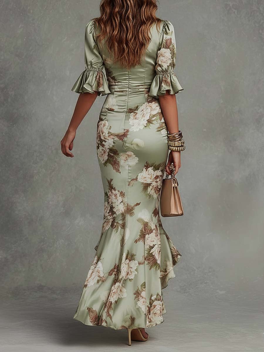 Giorgia | Abito Maxi Asimmetrico in Satin Floreale Verde con Maniche a Campana