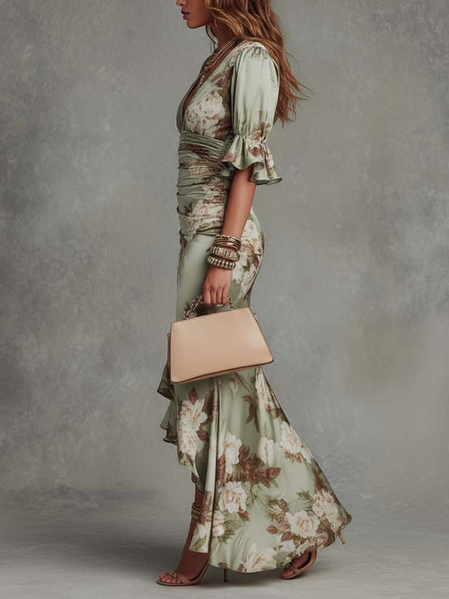 Abito Maxi Asimmetrico in Satin con Maniche a Campana Ruffle Verde a Fiori