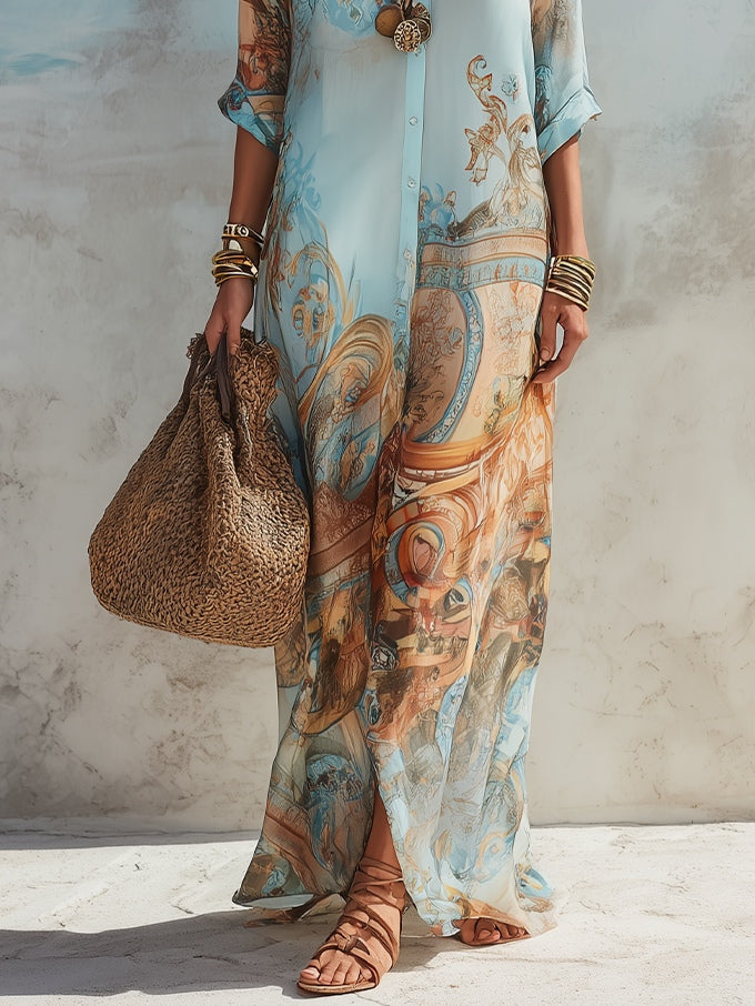 Abito Maxi a Fiori Blu per Vacanze