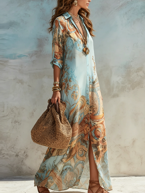 Abito Maxi a Fiori Blu per Vacanze
