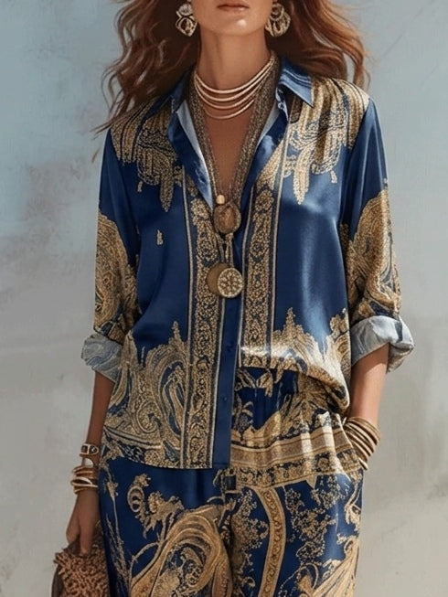 Beatrice | Set Camicia con Stampa Barocca Blu Navy e Pantaloni a Gamba Larga