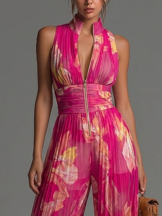 Salopette senza maniche con zip e pieghe in chiffon stampato fucsia