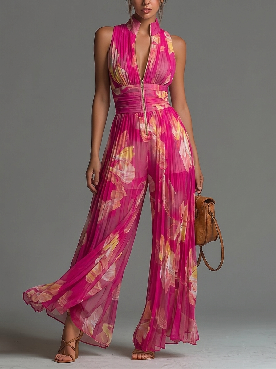 Salopette senza maniche con zip e pieghe in chiffon stampato fucsia