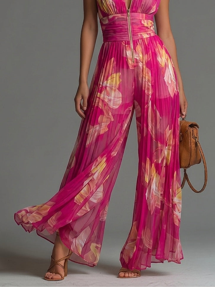 Salopette senza maniche con zip e pieghe in chiffon stampato fucsia