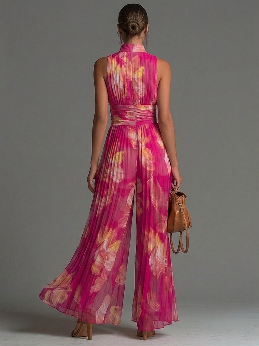 Salopette senza maniche con zip e pieghe in chiffon stampato fucsia