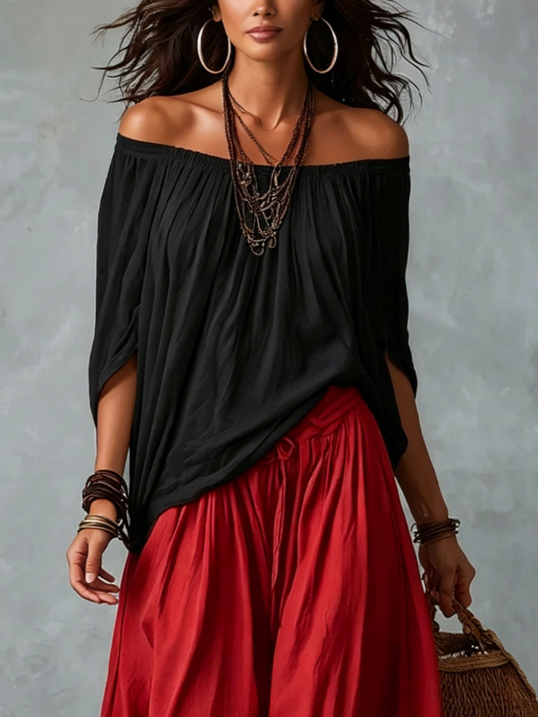Haut Noir Off-Shoulder et Pantalon Lantern Rouge Ample