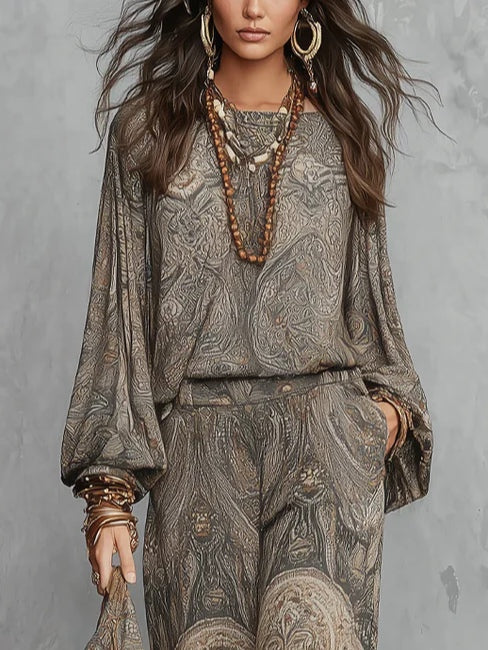 Haut à manches lanternes à motif paisley gris et pantalon large assorti