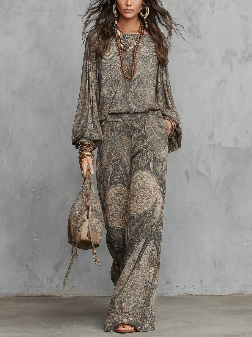 Haut à manches lanternes à motif paisley gris et pantalon large assorti