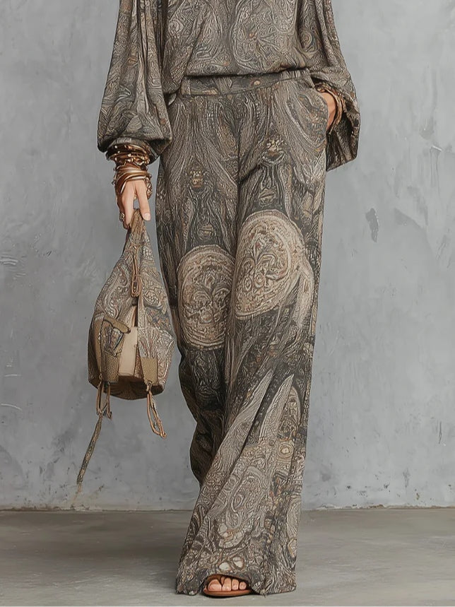Haut à manches lanternes à motif paisley gris et pantalon large assorti